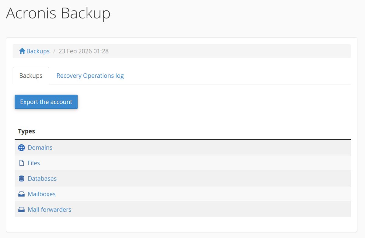 Acronis backup med e-post, filer och domändata.
