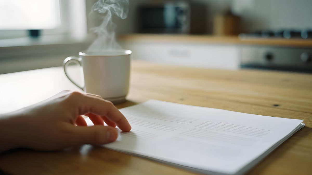 Hand vilar på ett öppnat brev på ett köksbord i morgonljus, kaffekopp bredvid med synlig ånga