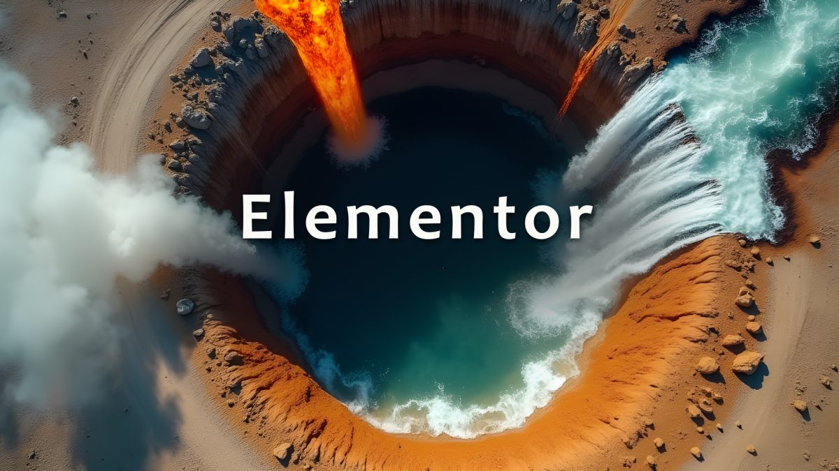Fotorealistisk illustration sedd rakt uppifrån: eld, vatten, jord och virvlande rök rinner ner i ett stort mörkt hål, med ordet Elementor i mitten.