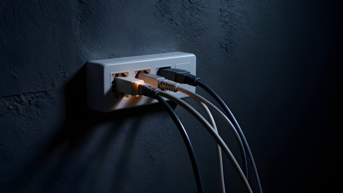 Överbelastad grenkontakt på mörk betongvägg med flera kablar som konkurrerar om samma uttag, dramatisk sidbelysning