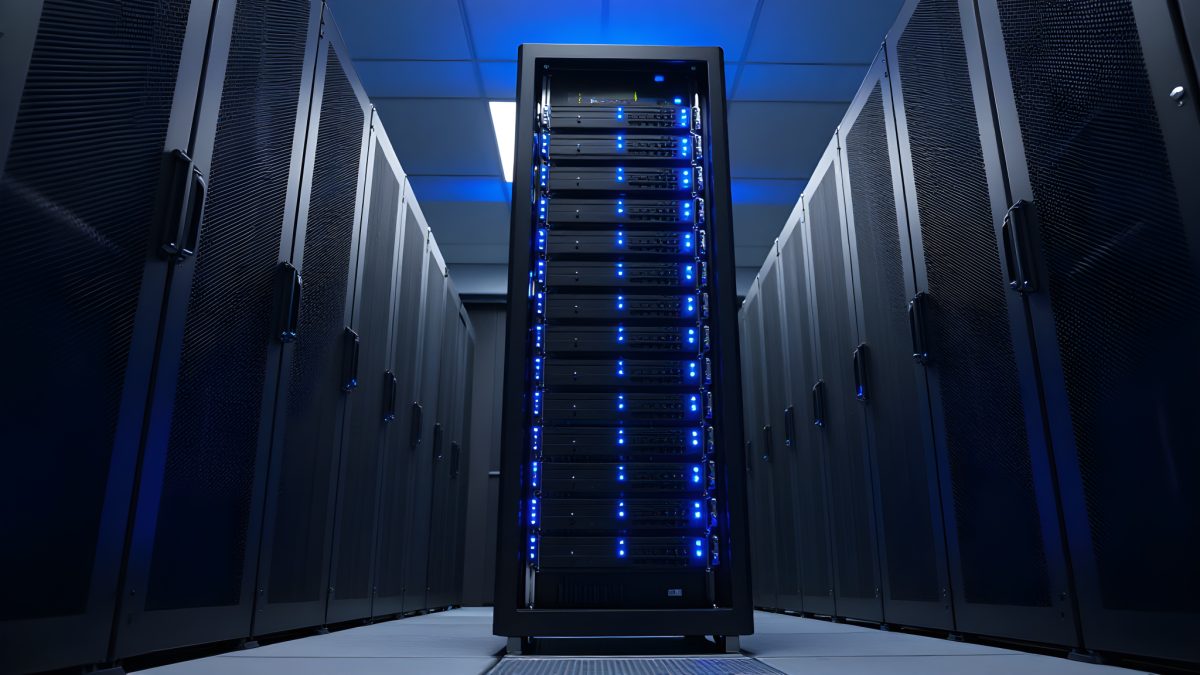 En ensam serverrack med blå lampor i ett mörkt datacenter, som illustrerar en dedikerad server reserverad för en kund.