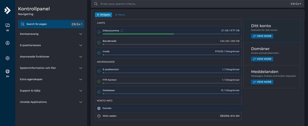 DirectAdmin-kontrollpanelen hos Inleed med diskutrymme, bandbredd, inoder, e-postkonton, FTP-konton och databaser samlade på startsidan