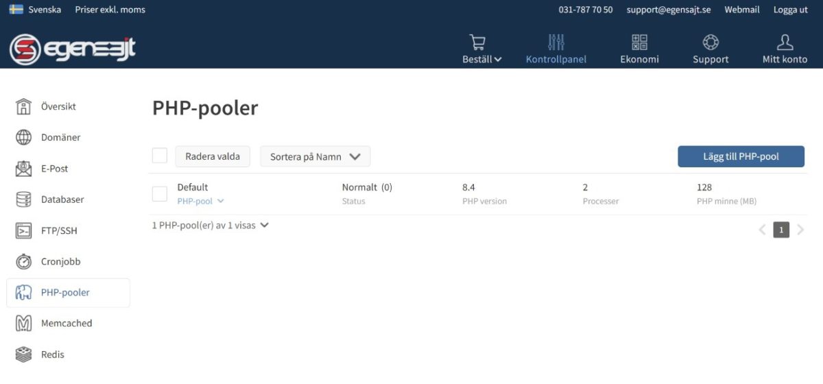 EgenSajts kontrollpanel med vyn PHP-pooler, som visar PHP-version 8.4, två processer och 128 MB PHP-minne för poolen