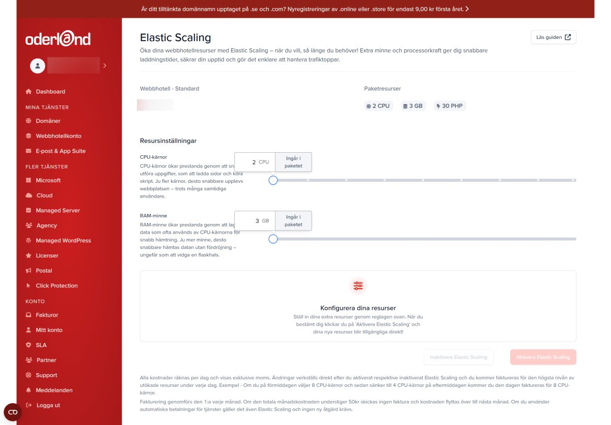 Elastic Scaling i Oderlands kundpanel med reglage för att tillfälligt öka CPU-kärnor och RAM-minne på ett webbhotellspaket