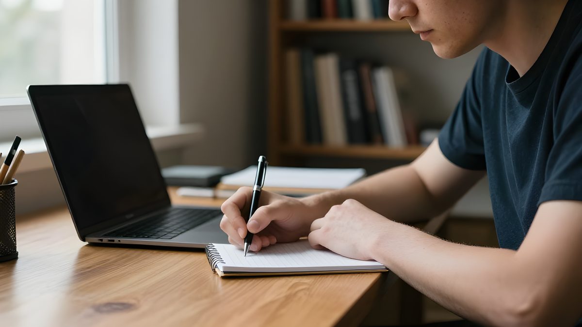 Person skriver fokuserat i anteckningsblock vid hemmakontor med stängd laptop och dagsljus