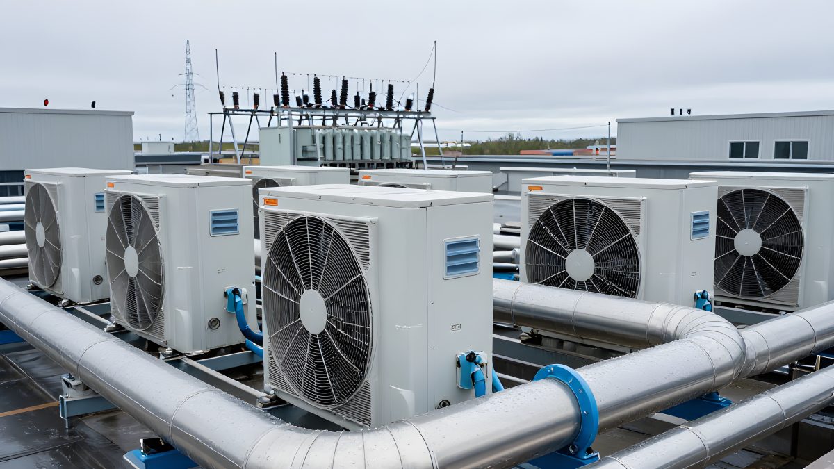 Rader av vita kylaggregat med stora fläktar och isolerade rör på ett tak, med en transformatorstation och en kraftledningsstolpe i bakgrunden
