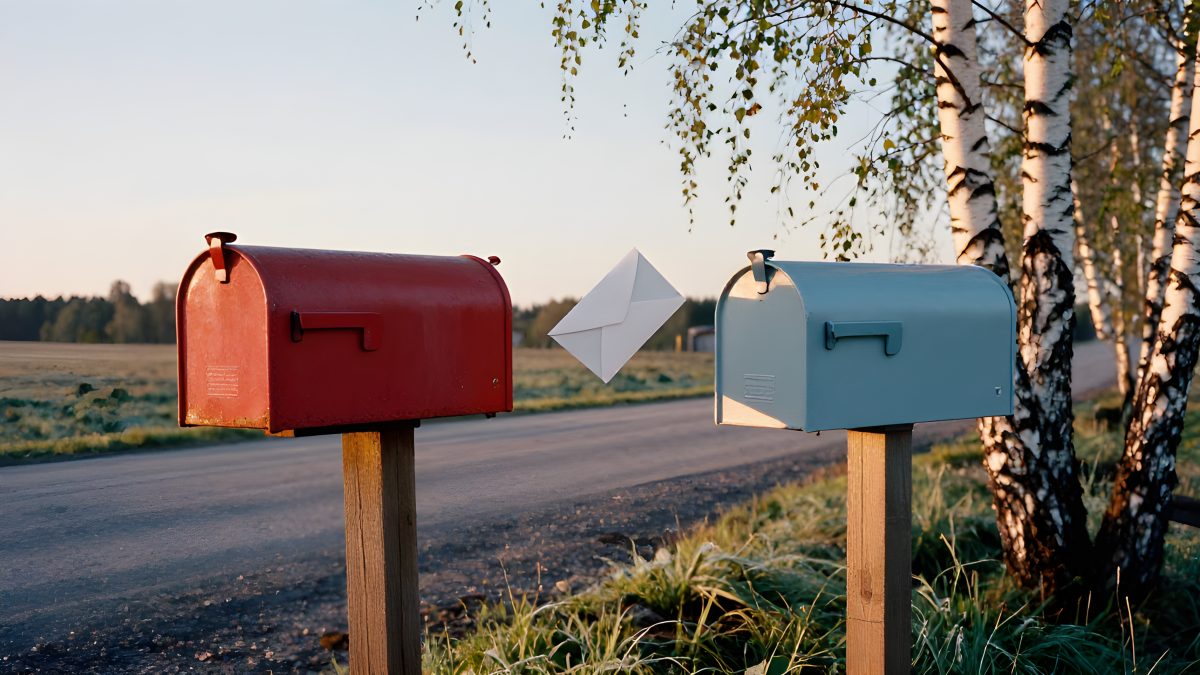 En äldre röd brevlåda bredvid en ny blågrå brevlåda på en lantlig nordisk väg, med ett kuvert svävande i luften dem emellan som metafor för att flytta e-post vid byte av webbhotell