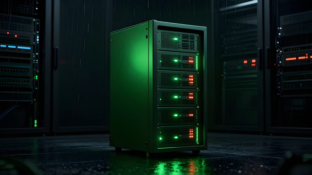 En server i ett svart rack med ett stängt metallås på frontluckan och gula drifts-LEDs, symboliserar en härdad och låst VPS-server.