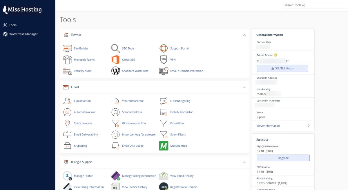Miss Hostings cPanel med jupiter-tema: verktyg för webb, e-post och statistik med MySQL-databaser 8 av 10 och filanvändning.