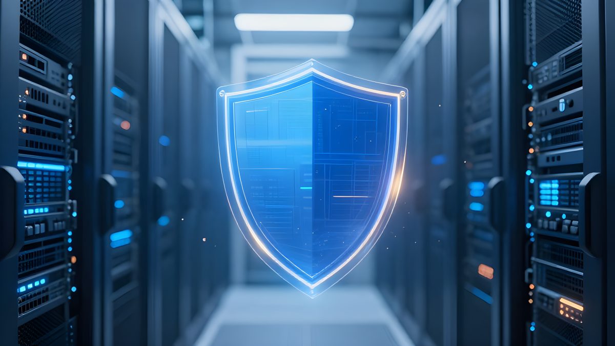 En glödande blå skyddssköld som svävar framför serverrack i ett datacenter, som symboliserar skärpta säkerhetskrav enligt cybersäkerhetslagen.