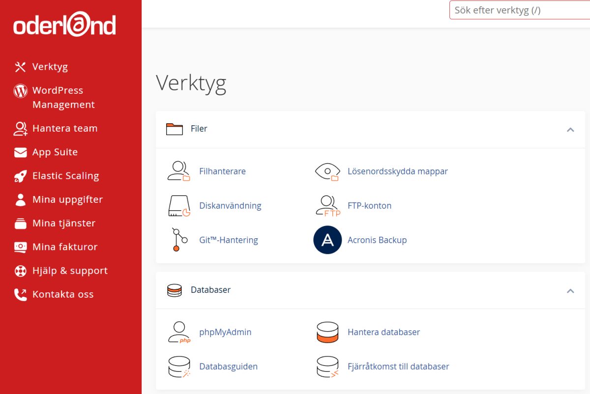 Oderlands kontrollpanel med cPanel