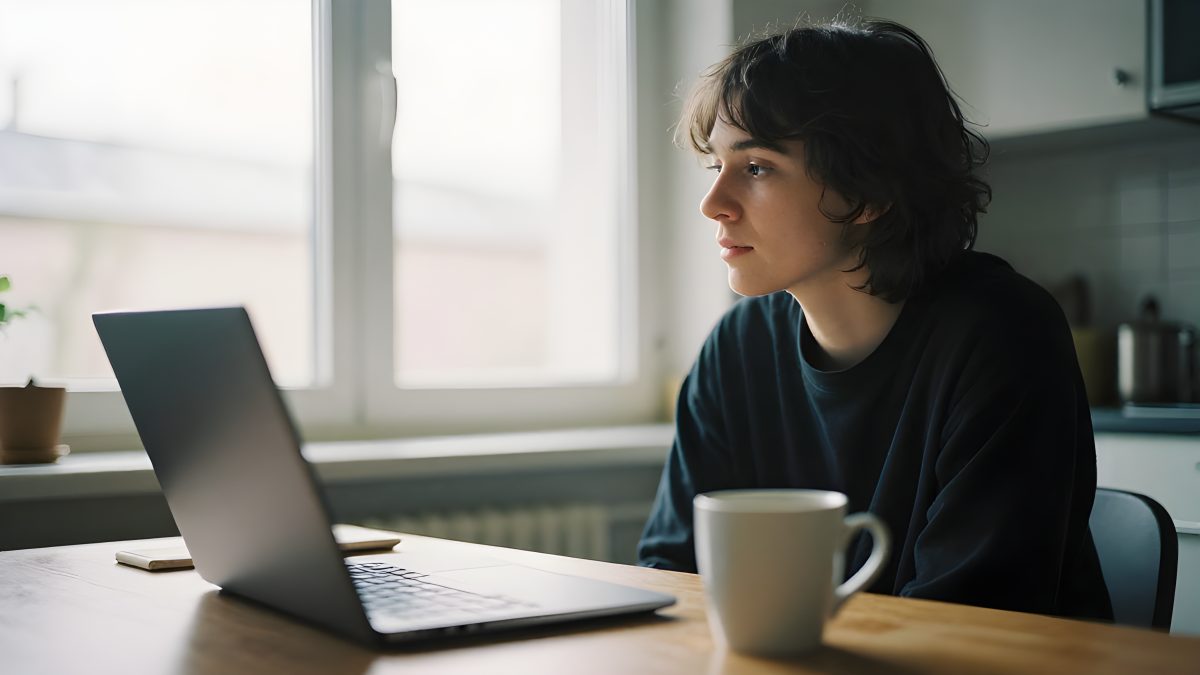 Person sitter vid köksbord med laptop och tittar fundersamt ut genom fönstret i mjukt dagsljus