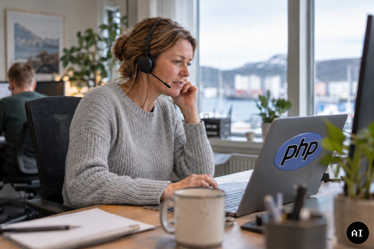 Supportmedarbetare med headset vid en dator med PHP-logotyp på locket