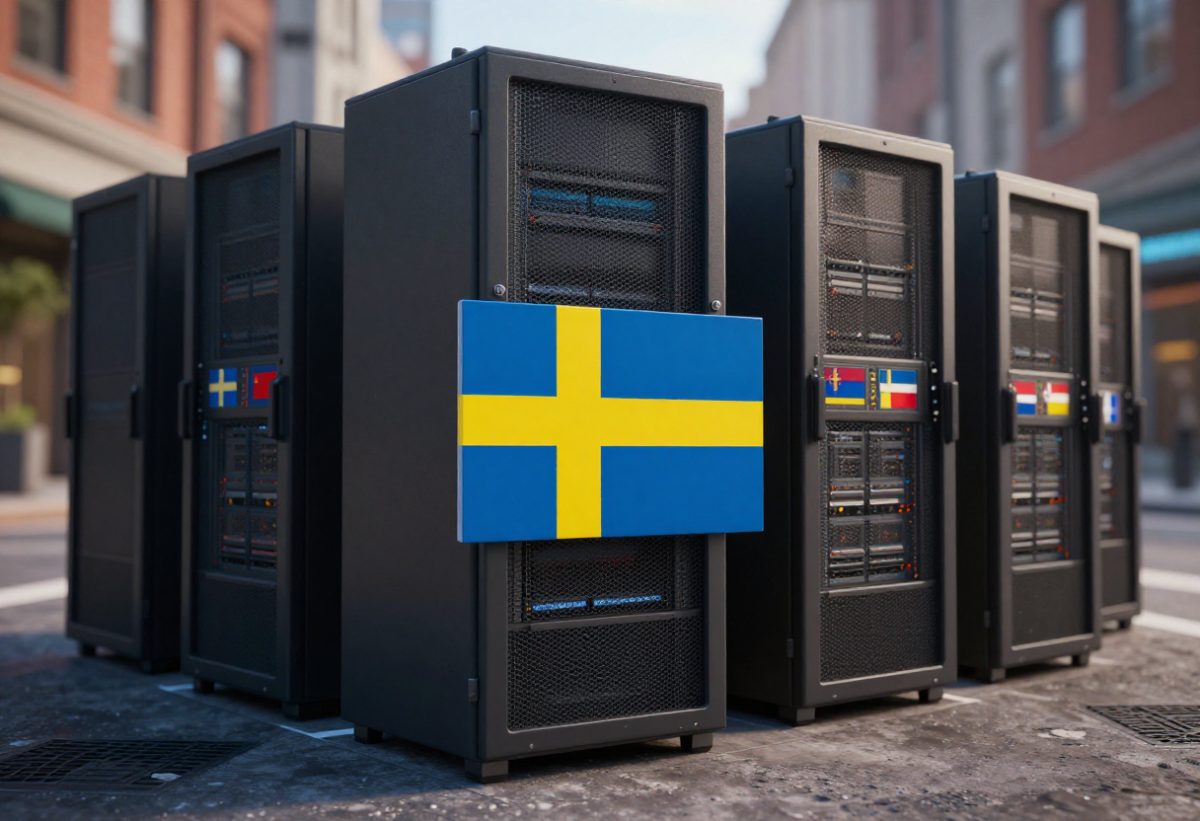 Serverkabinett som en folksamling, det främre med svensk flagga