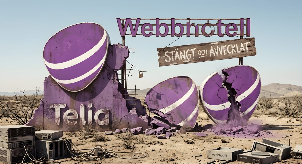 En vittrad Telia-skylt med texten Webbhotell i ett ökenlandskap, märkt Stängt och avvecklat, med gamla servrar i sanden, som illustrerar att Telia avvecklat sitt webbhotell.