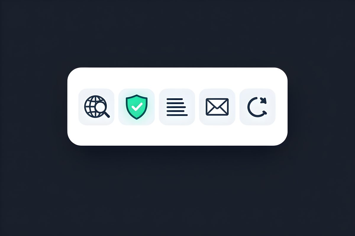 Illustration av Webguide.se:s gratis webbverktyg för domän- och hostingkontroll, visat som en panel med verktygsikoner