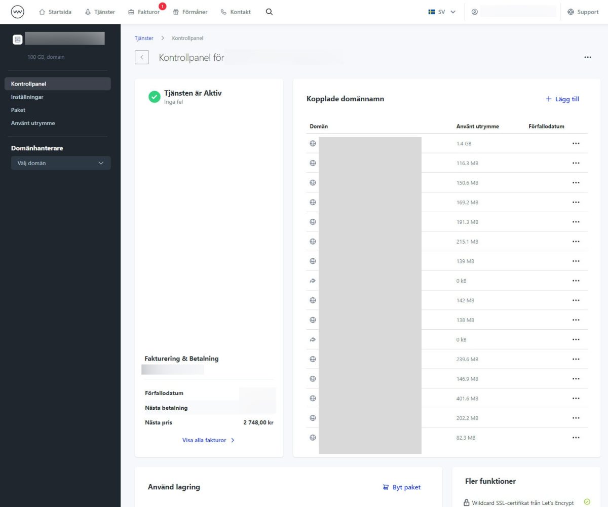 Websupports kontrollpanel med aktiv tjänst, lista över kopplade domännamn med använt utrymme samt nästa pris.