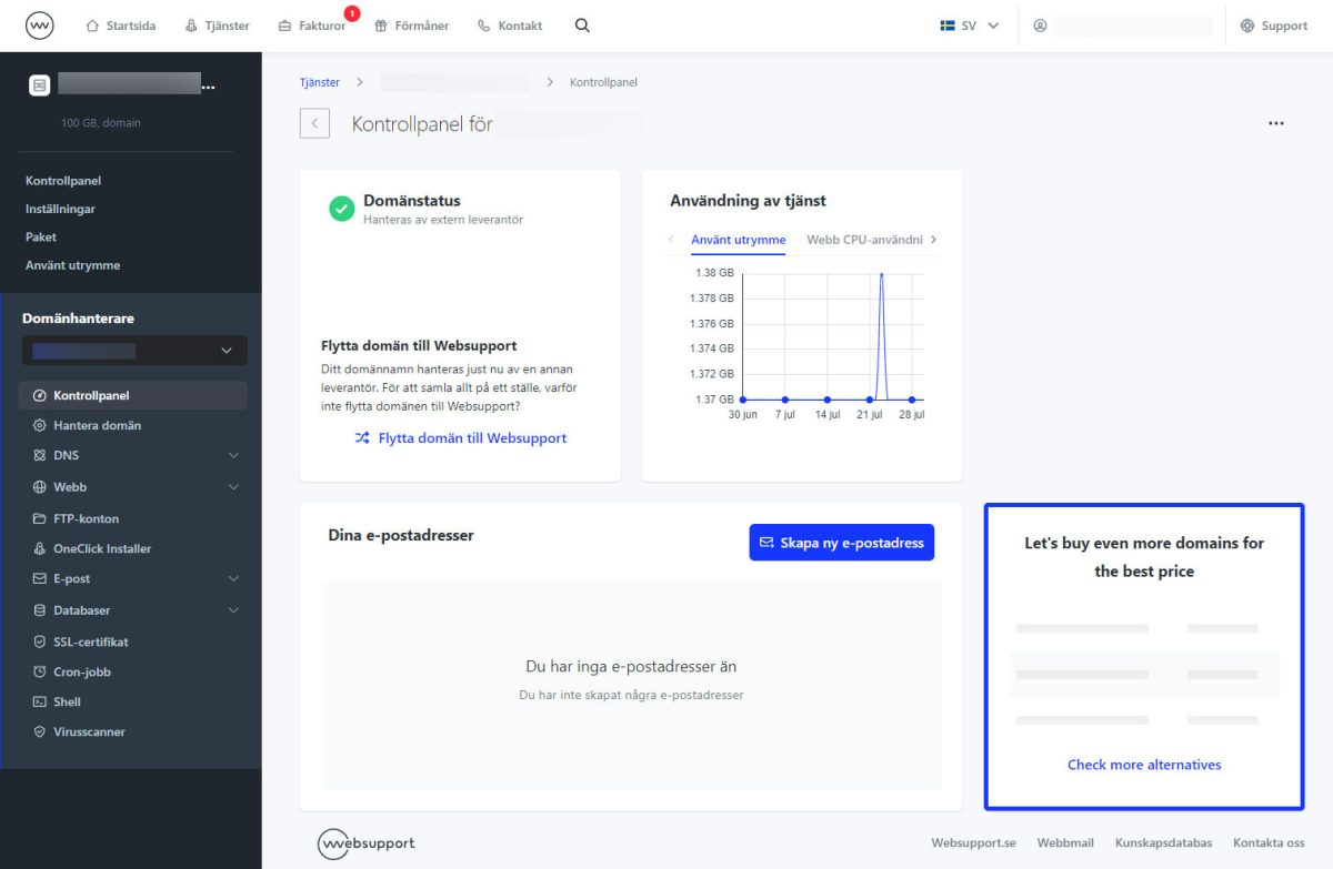Websupports kontrollpanel med domänstatus, användningsgraf och menyval för DNS, e-post, databaser, SSL, cron-jobb, shell och virusscanner.