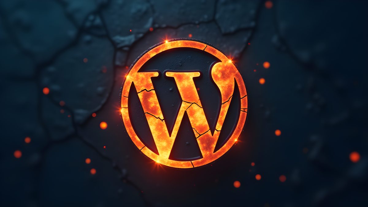 WordPress-logotypens cirkel-W glöder som sprucken smält lava mot mörk bränd metallbakgrund, symbol för en WordPress-sajt pressad över sin resursgräns