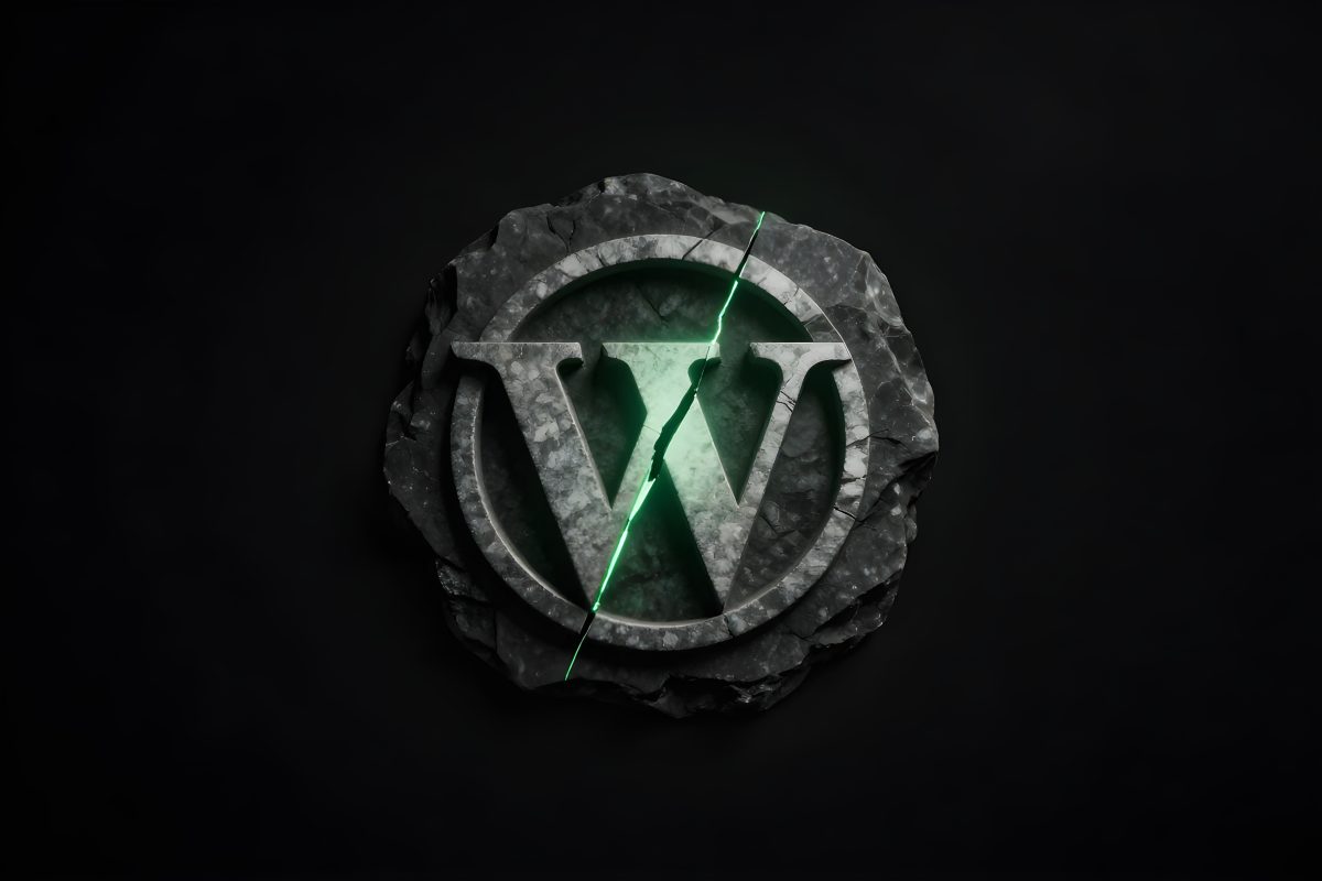 WordPress-loggan som ett sprucket granitmonument med en grön lysande spricka som klyver igenom kärnan, symbol för en kritisk sårbarhet i WordPress-kärnan