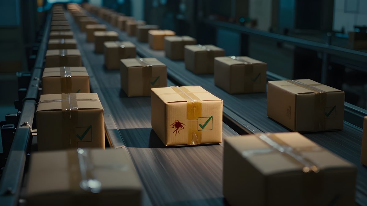 Industriellt transportband med identiska paket där ett bär en röd trojansymbol bredvid en grön verifieringsbock, illustration av en leveranskedjeattack mot WordPress.