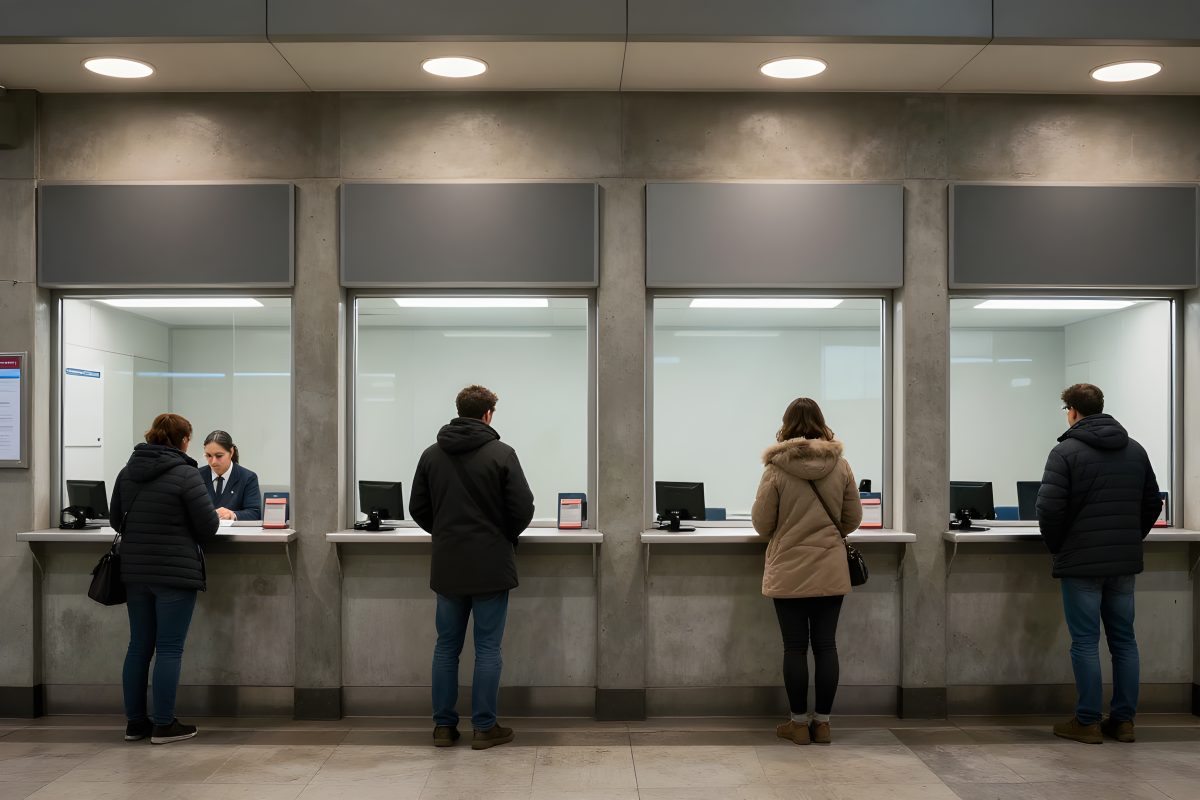 Fyra serviceluckor i rad i en stationshall, en kund vid varje lucka. Vänstra luckan har en synlig handläggare som expedierar kunden, medan de tre övriga luckorna är obemannade bakom glaset trots att kunder väntar vid dem — en metafor för hur max_input_vars tyst slutar ta emot formulärfält utan varning.
