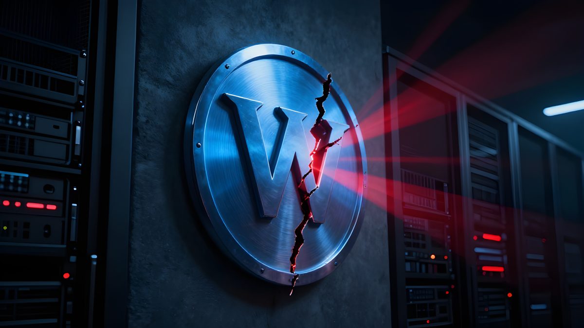 En sprucken metallsköld med en bokstav i ett mörkt serverrum, med rött nödljus som lyser ut genom sprickan, som symboliserar ett kritiskt säkerhetshål i WordPress-plugins.