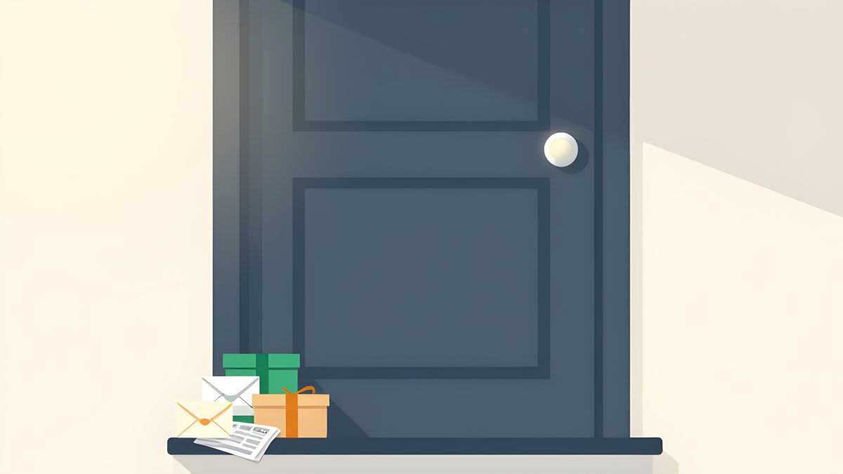 Illustration av en ytterdörr med en oanvänd ringklocka, med post och paket som samlats obehandlade på tröskeln