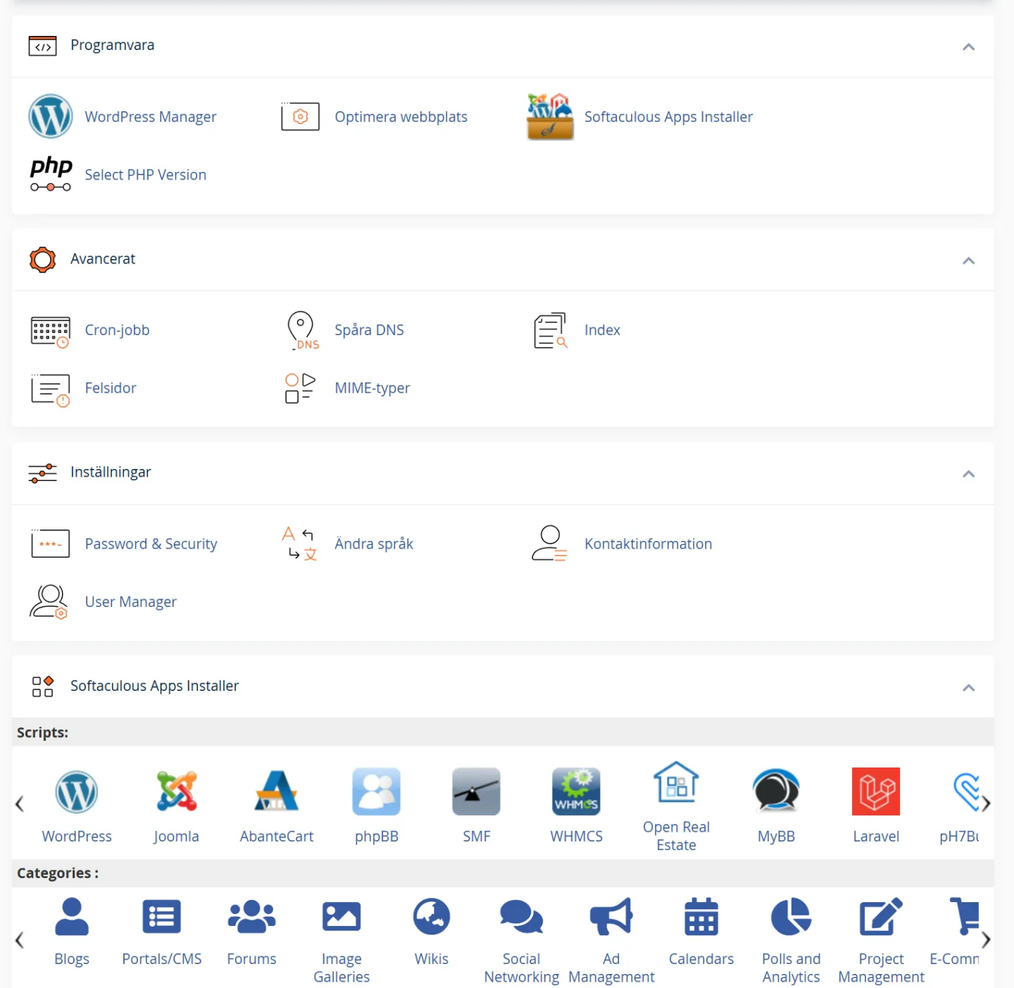 Miss Hostings cPanel med programvara: WordPress Manager, Select PHP Version och Softaculous med hundratals appar som WordPress, Joomla och Laravel.