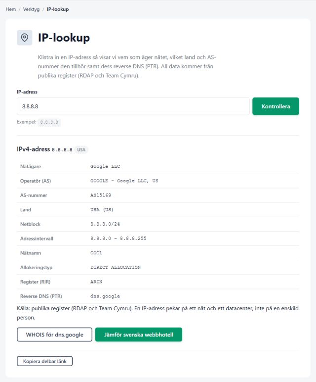 Skärmdump av Webguides IP-lookup för 8.8.8.8: nätägare Google LLC, AS15169, netblock 8.8.8.0/24 och reverse DNS dns.google.