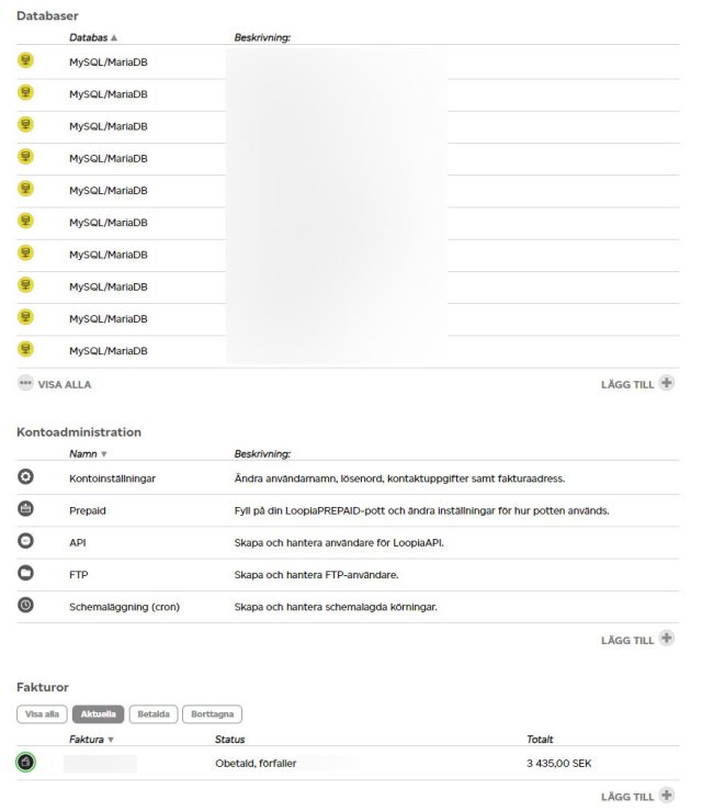 Loopias kundzon med MySQL/MariaDB-databaser, kontoadministration (Prepaid, API, FTP, cron) och fakturaöversikt.