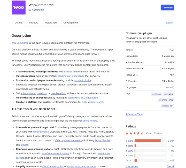 Skärmdump av WooCommerce på WordPress.org som visar antal aktiva installationer och senast uppdaterad