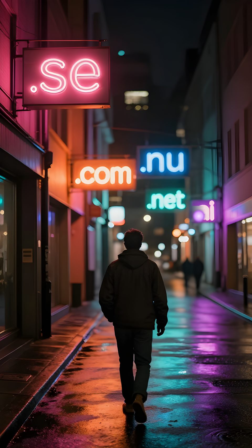 Man går nedför en regnvåt stadsgata om kvällen där neonskyltar visar domänändelserna .se, .com, .nu, .net och .ai