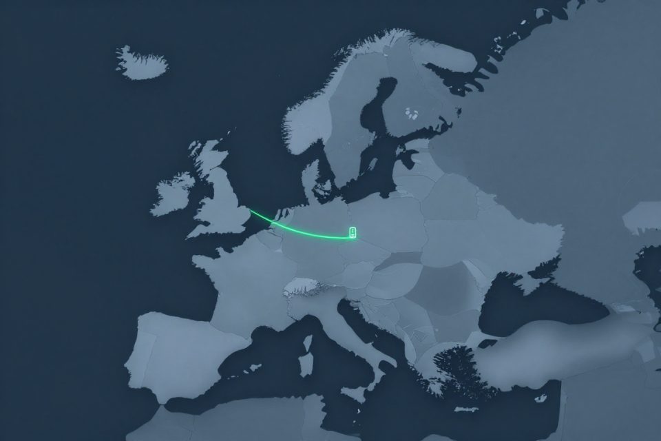 Stiliserad Europakarta där en grön linje visar hur en rättslig begäran om data färdas direkt över en EU-gräns till ett webbhotell