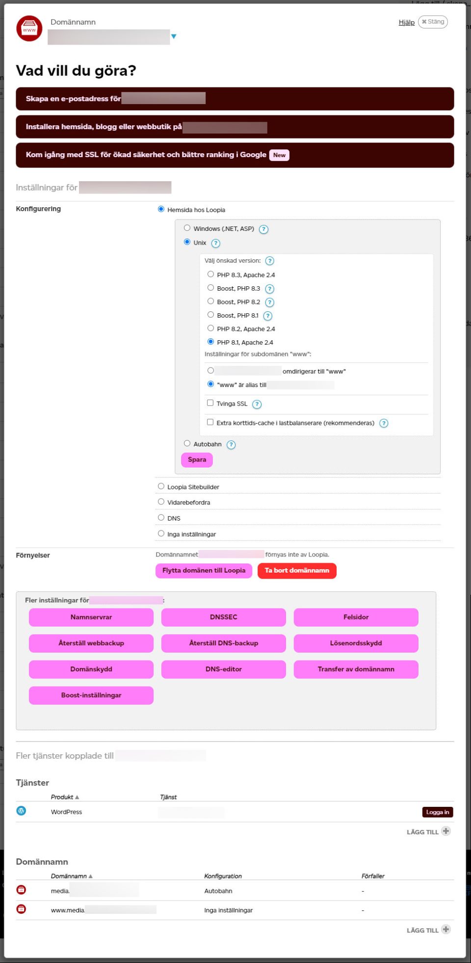 Loopias domäninställningar med val av PHP-version (8.1–8.3, Boost) eller Autobahn, tvinga SSL, samt DNSSEC, backup-återställning och domänskydd.