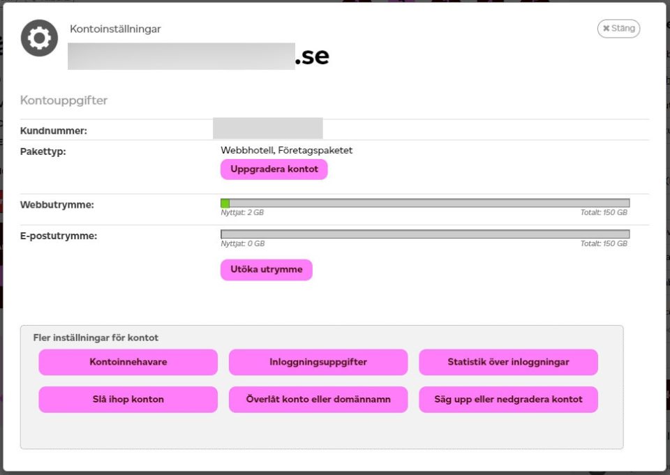 Loopias kundzon: kontoinställningar med paketet Företagspaketet och webbutrymme 2 GB av 150 GB använt.