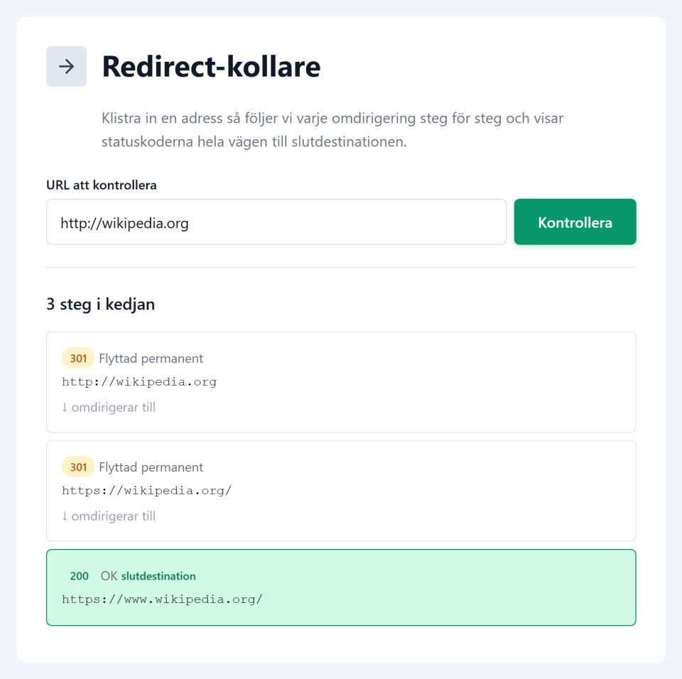 Webguides redirect-kollare följer omdirigeringskedjan för http://wikipedia.org: två 301-hopp (http till https och vidare till www) följt av statuskod 200 vid slutdestinationen.