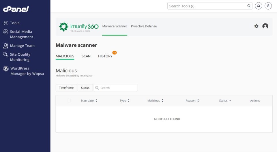 Imunify360:s malware-skanner inbyggd i Wopsas cPanel, som visar en genomförd skanning utan träffar.