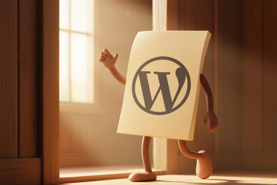 Ett pappersark med WordPress-loggan och tecknade armar och ben som vinkar hej då på väg ut genom en dörr i varmt motljus, en bild av ett tillägg vars licens löper ut.