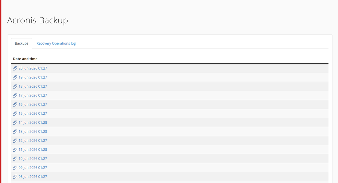 Acronis Backup i cPanel hos Oderland visar en lång lista dagliga säkerhetskopior med datum och tid samt flik för återställning
